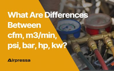 Quais são as diferenças entre cfm, m3/min, psi, bar, hp, kw?